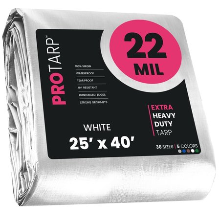 PROTARP 25 ft x 40 ft Heavy Duty 22 Mil Tarp, White, Polyethylene, Waterproof, Rip and Tear Proof PT-204-25X40